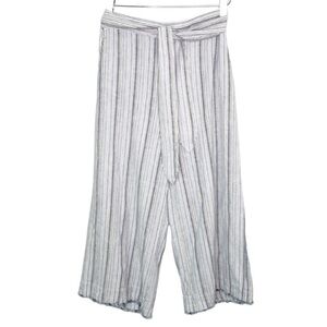 Cloth & Stone Womens Wide Leg Pants Sz L Crop Blue Stripe Linen Blend Tie Light